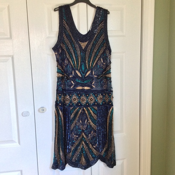 UNIQUE VINTAGE NWT peacock blue flapper dress 2x - Picture 2 of 9